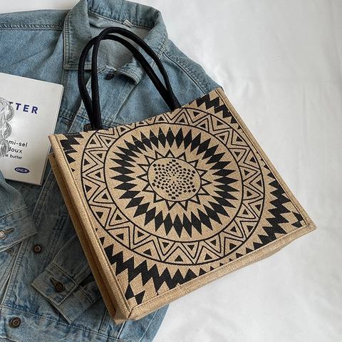 Large Jute Tote Bag Linen Handbag Retro Bohemian Print Casual Beach Shopping Bag With Inner Pocket For Women