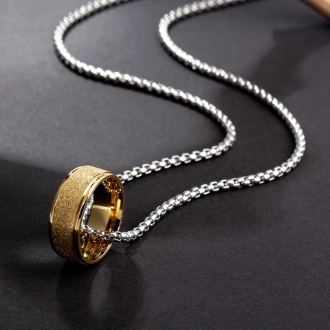 Minimalist Stainless Steel Necklace With Matte Gold Ring Pendant Geometric Fashion Jewelry For Men And Women