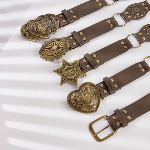 Vintage Women Waist Belt PU Leather Bohemian Western Cowboy Sheriff Star Antique Bronze Buckle Rivet Decorative