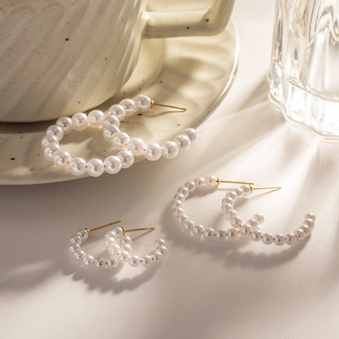 Pendientes De Aro En Forma De C Acero Inoxidable Perla Artificial Geométrica Minimalista Estilo Ins Joyería Elegante