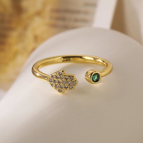 Gold Plated Copper Open Ring Colorful Zircon Hamsa Hand Evil Eye Minimalist Personalized Adjustable Finger Jewelry Women