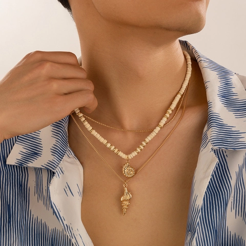 Men Layered Necklace Alloy Coconut Shell Beads Shell Sea Snail Pendants Summer Beach Hip Hop Style Gold Color Jewelry