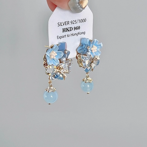 Blauwe Bloemen Hangoorbellen Met 925 Sterling Zilveren Oorsteker Zirkonia Kristal Hars Bloem Zoete Elegante Sieraden Voor Dames