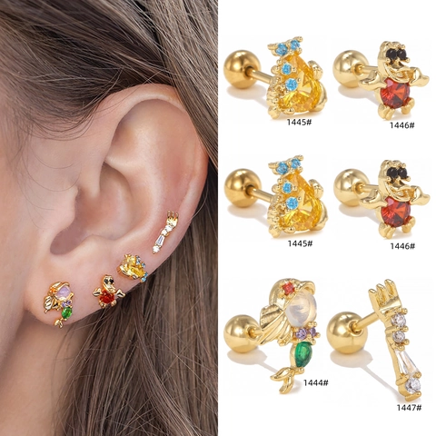 Cartoon Animal Colorful Zircon Tragus Stud Earrings Alloy Piercing Jewelry With Stainless Steel Earring Post Screw Ball Back