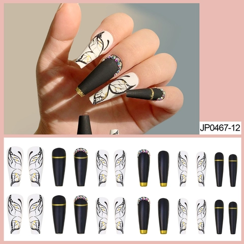 Lange Coffin Press On Nagels Mat Zwart Vlinderpatroon Strass Artistieke Kunstnagels Manicure Accessoires