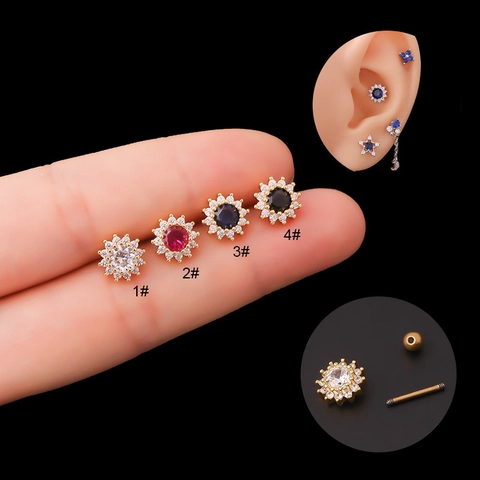 Sunflower Ear Cartilage Stud Stainless Steel Rod Copper Micro Set Zircon Screw Back Piercing Jewelry For Women