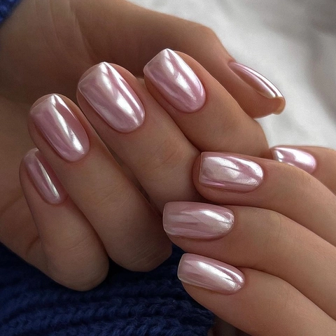 Rosa Chrome Aufpressnägel Kurz Quadratisch Spiegelglanz Full Cover Süße Elegante Künstliche Fingernägel Für Frauen