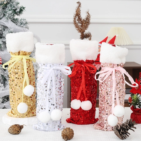 Christmas Wine Bottle Covers Sequin Faux Fur Trim Decorative Gift Bags For Table Setting Festive Holiday Party Decor