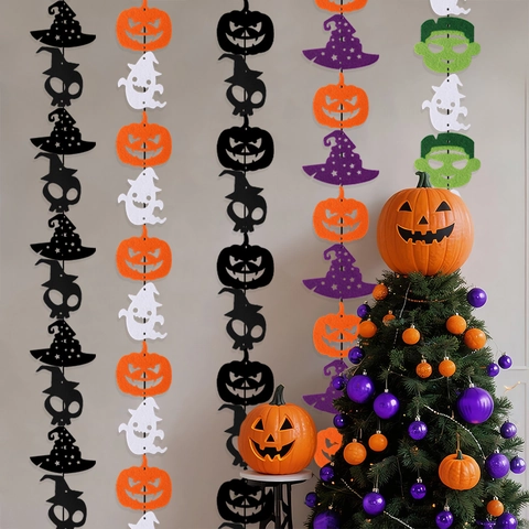 Halloween Non-woven Hanging Banner Witch Hat Pumpkin Ghost Skeleton Garland Home Party Decoration Props Festive Wall Decor