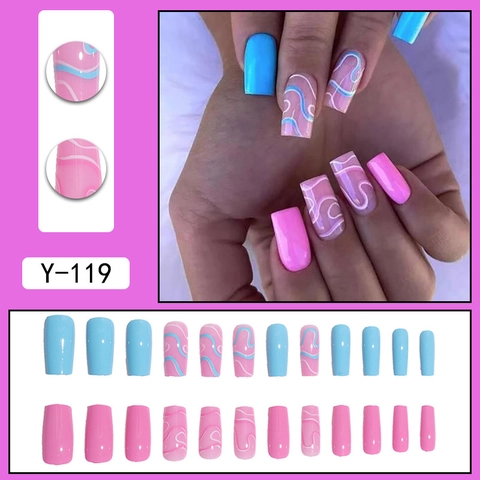 Unghie Finte A Pressione Quadrate Medie Lunghe Motivo Linee Ondulate Rosa Blu Due Toni Punte Per Unghie Artificiali Per Donne