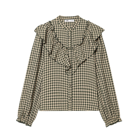 Dames Geruite Blouse Lange Mouwen Ruches Knoopsluiting Retro Gingham Overhemd Polyester Katoenmix Vintage Casual Tops