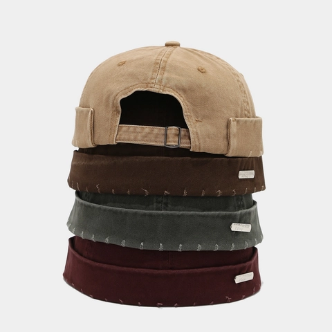 Vintage Gewaschene Baumwolle Docker Mütze Randlose Miki Hut Distressed Retro Streetwear Metall Tag Verstellbare Unisex Kappe