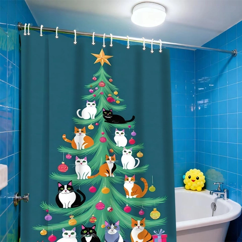 Lustiger Weihnachts Katzen Duschvorhang Polyester Wasserdicht Waschbar Badezimmer Deko Cartoon Baum Muster