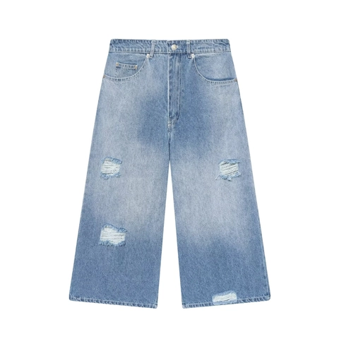 Washed Ripped Jeans Denim Cotton Wide Leg Straight Pants Casual Vintage Mid Waist For Women Light Blue Distressed