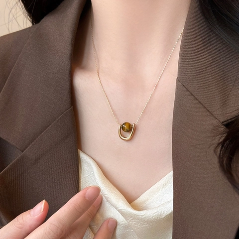 Vintage Dames Ketting Roestvrij Staal Tijgeroog Steen U-Vormig Hoefijzer Hanger Minimalistisch Geometrisch Sieraden