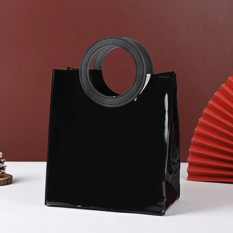 Black Glossy PVC Gift Bag With Round Square Handle Waterproof Shiny Jelly Tote For Wedding Party Favors Shopping