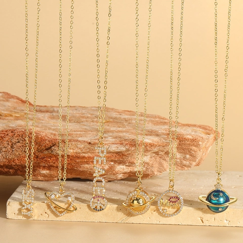 Vintage Koperen Zirconia Hart Planeet Mama Hanger Ketting Goud Vergulde Sleutelbeen Ketting Voor Vrouwen Sieraden