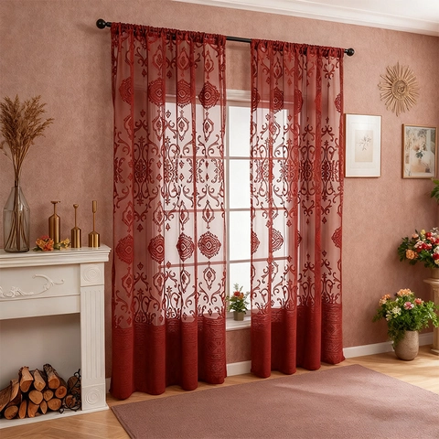 Modern Minimalist Damascus Embroidery Sheer Curtains Rod Pocket Light Filtering Voile Drapes For Living Room Bedroom Decoration