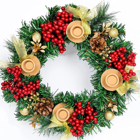 Christmas Wreath Candle Holder Artificial Pine Needle Metal Cup Table Centerpiece Pine Cone Berry Ribbon Holiday Decor Ornament