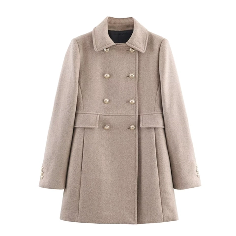 Elegante Damesjas van Wolmix Double-breasted met Revers Lange Mouwen en Decoratieve Metalen Knoppen Herfst Winter Bovenkleding