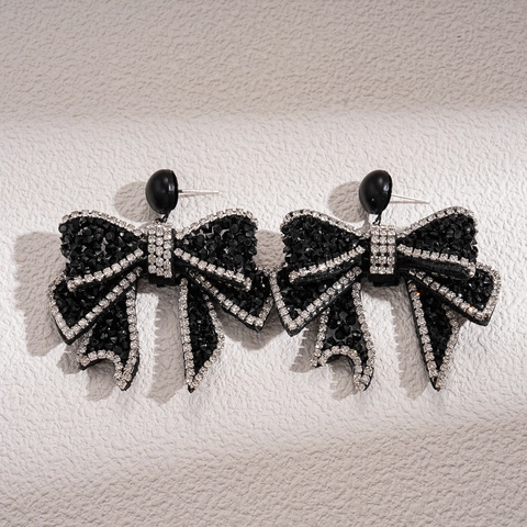 Bow Earrings Alloy Velvet Rhinestone Silver Earring Post Gothic Dark Style Elegant Niche Exquisite For Women Accessories