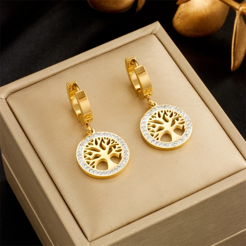 Mode Verguld Titaniumstaal Levensboom Oorbellen Rond Ingelegde Strass Vintage Luxe Vrouwen Sieraden