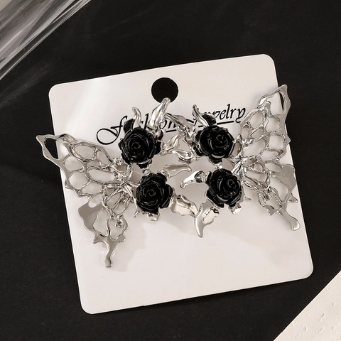 Gothic Black Rose Hollow Butterfly Earrings Ring Brooch Alloy Jewelry Women Cool Dark Style Metal Jewelry Accessories