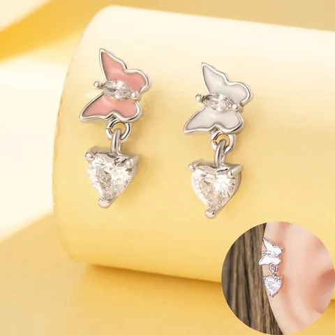 Butterfly Heart Dangle Ear Cartilage Stud Titanium Steel Zircon Enamel Double Headed Screw Threaded Piercing Jewelry
