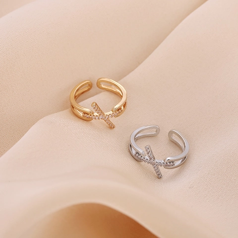 Adjustable Copper Ring Women Zircon Inlaid Cross X Shape Open Finger Jewelry Elegant Vintage
