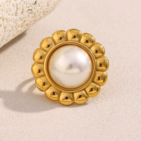 Vintage Blumen Ring 18K Vergoldeter Edelstahl Große Künstliche Perlenimitation Verstellbarer Statement Schmuck Für Damen