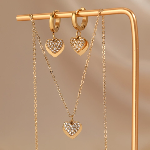 Edelstahl Herz Halskette Und Creolen Für Damen Zirkonia Eingelegt Wasserdicht Anlauffrei Luxus Mode Accessoires