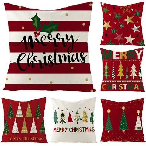 Christmas Pillowcase Linen Cotton Festive Holiday Tree Star Pattern Square Throw Pillow Cover For Sofa Home Decor