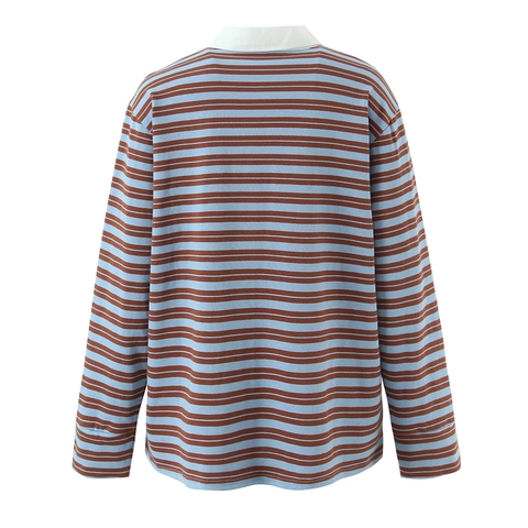 Gestreiftes Polohemd Für Damen Langarm Strick Baumwollmischung Revers V-Ausschnitt Lässig Preppy Retro Top