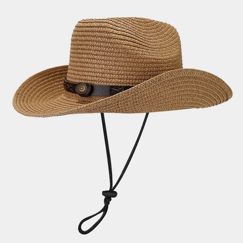 Western Cowboy Straw Hat Wide Brim Sun Protection For Outdoor Travel Retro Style With Adjustable Windproof Rope