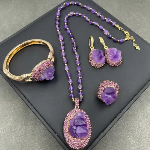 Natural Raw Amethyst Jewelry Necklace Earrings Ring And Bracelet Alloy Gold Plated Rhinestone Vintage Floral Women