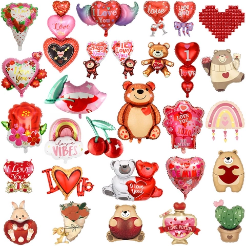 Valentine Day Aluminum Foil Balloons Romantic Heart Teddy Bear Cherry Lips Rainbow Cactus Rabbit For Wedding Proposal Decoration