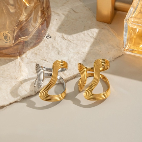 Irregular Wave Line Stainless Steel Open Ring For Women Gold Plated Two Tone Minimalist Adjustable Fashion Finger Jewelry