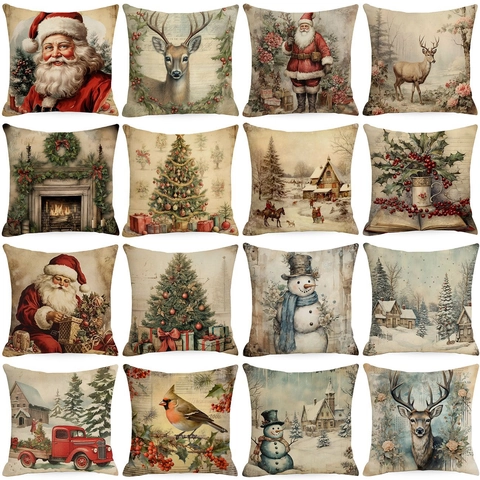 Vintage Christmas Decorative Pillow Case Linen Blend Square Cushion Cover For Sofa Living Room Home Decor Retro Santa