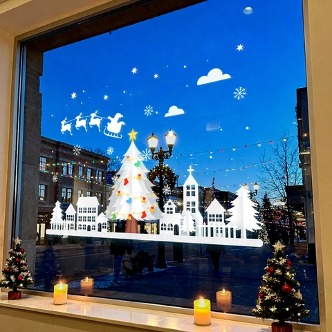 Christmas Window Stickers Static Cling PVC Reusable White Silhouette Tree Reindeer Snowflake Town Glass Showcase Decor