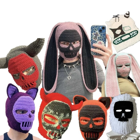 Pasamontañas de Esqueleto de Ganchillo Hecho a Mano para Hombres y Mujeres Divertidas Orejas de Animal Cuernos de Diablo Máscara de Punto Sombrero Punk
