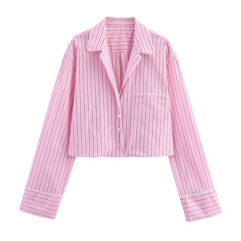 Damen Rosa Gestreiftes Hemd Langarm Revers Bluse Mit Weißem Spitzenbesatz Süßer Mädchenstil Lockerer Sitz Polyester Popeline Top