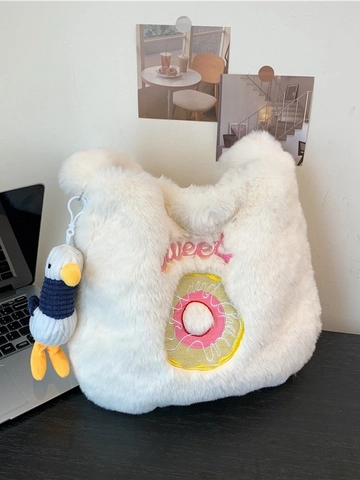 Schattige Pluche Schoudertas Voor Dames Met Donut Borduurwerk En Eend Hanger Koreaanse Stijl Zachte Winter Handtas