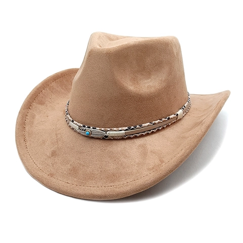 Western Cowboy Hat Suede Wide Brim Ethnic Braided Band Turquoise Feather Decor Retro Style Performance Outdoor