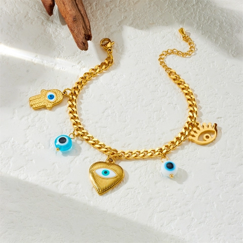 Evil Eye Charm Armband Edelstahl Vergoldet Hamsa Hand Herz Anhänger Boho Ethno Schmuck Für Damen