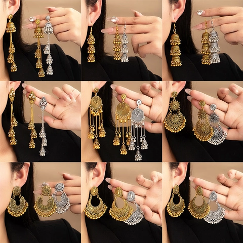 Retro Ethnic Bohemian Tassel Earrings Alloy Carved Flower Hollow Moon Jhumka Bell Drop Earrings With Steel Earring Post