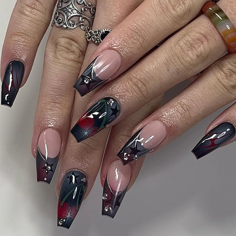 Lange Sarg Aufpressnägel Dunkle Rose Stern Kirsche Flamme Design Goth Stil Strass Künstliche Falsche Nägel Für Damen