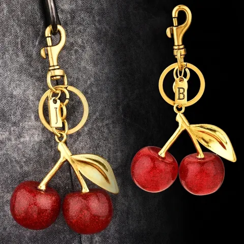 Llavero De Cereza Letra Del Alfabeto Inicial Amuleto De Bolso Resina Brillante Aleación Dorada Hoja Fruta Regalo Mujer