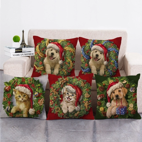 Weihnachts Kissenbezüge Leinen Baumwolle Mischung Weihnachtsmann Hund Katze Druck Festliche Feiertage Sofa Deko Quadratisch
