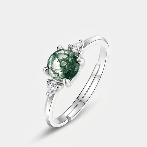 Anillo Abierto de Plata de Ley 925 con Ágata Musgosa Verde Natural para Mujer Anillo Ajustable de Ágata Acuática Geométrica Vintage con Strass Joyería