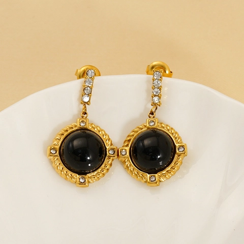 Pendientes Colgantes Redondos Vintage De Acero Inoxidable Chapado En Oro De 18K Con Resina Negra Y Strass Joyería Retro